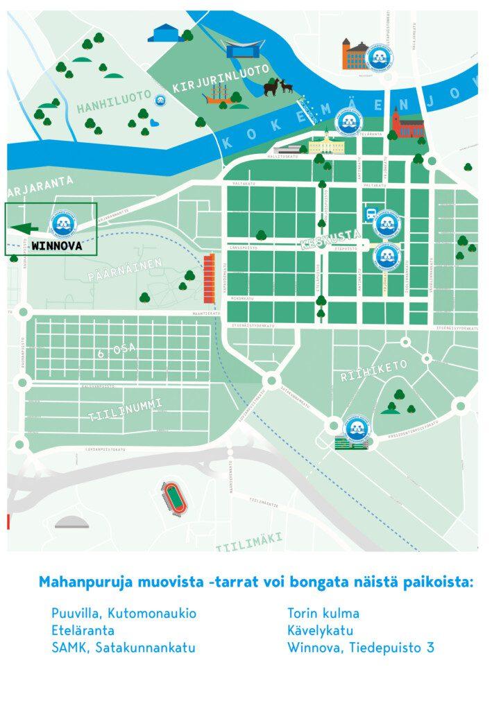 Kuvassa on karttakuva Porin keskustasta, ja siihen on merkitty vuoden 2024 katutaideteosten sijainnit suuripiirteisesti. Kartta auttaa bongaamaan taideteoksia kaupungilla. 