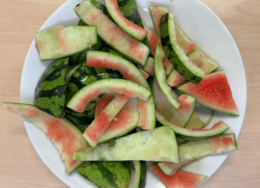 Biojätettä kuvassa, vesimeloninkaroja.