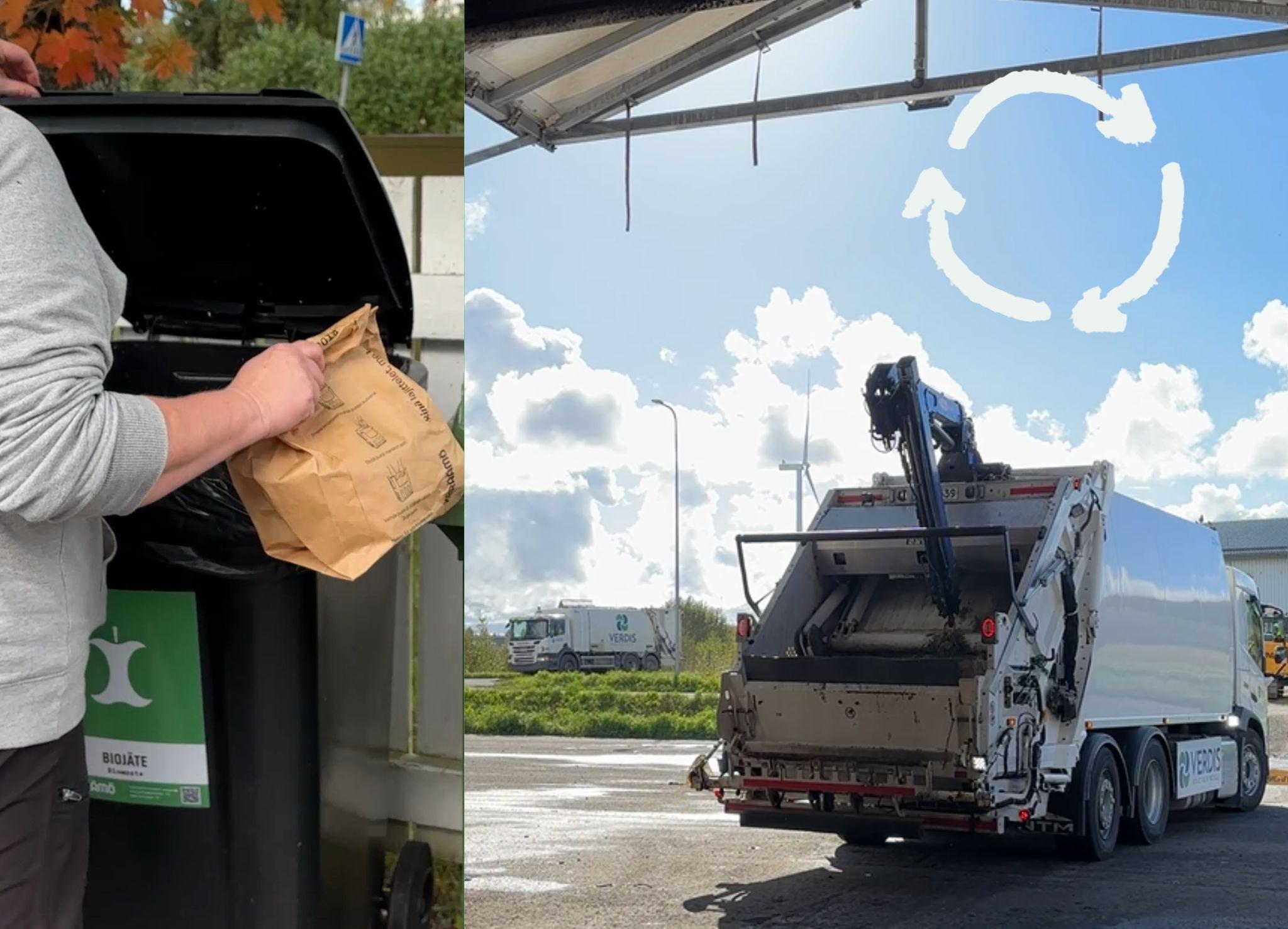 Biojätepussi, biojäteastia ja jäteauto peruuttamassa siirtokuormaushalliin.